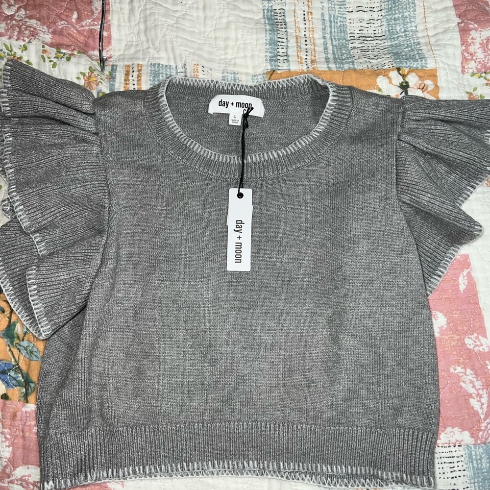 Gray Ruffle Sleeve Sweater by Day + Moon
